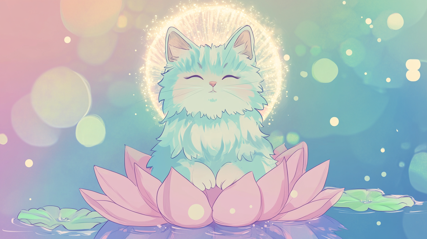 Bodhisattva cat with gentle smile on lotus flower