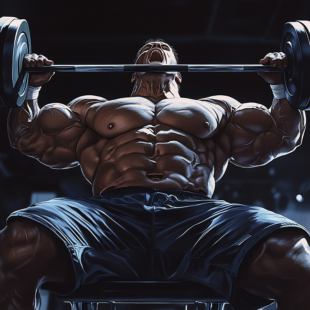 Bodybuilder lifts barbell, grimaces with effort, HD detail image.