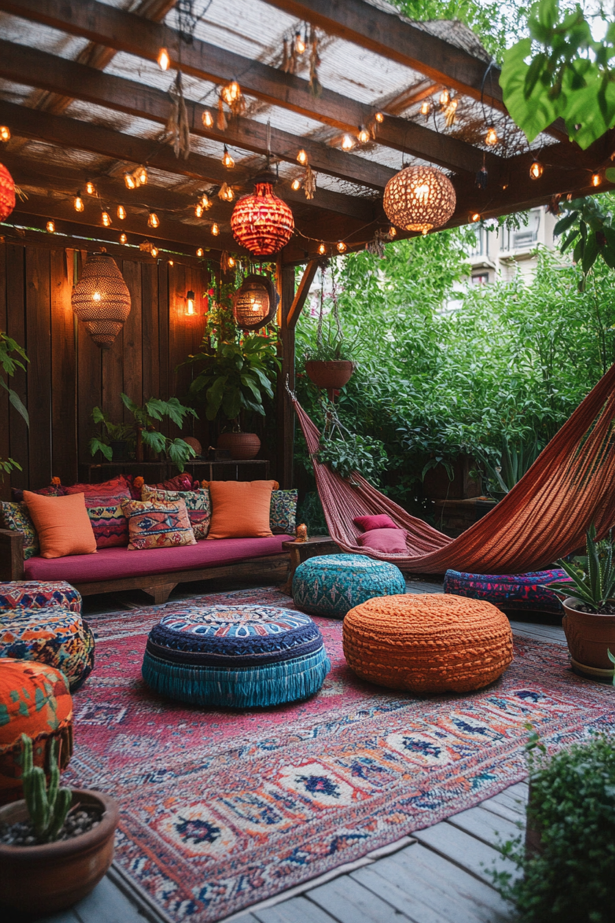 Bohemian chic patio with colorful furniture, hanging plants.