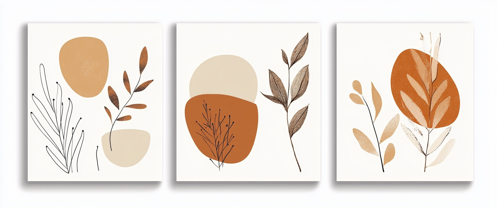 Boho art with plants in brown tones on white.