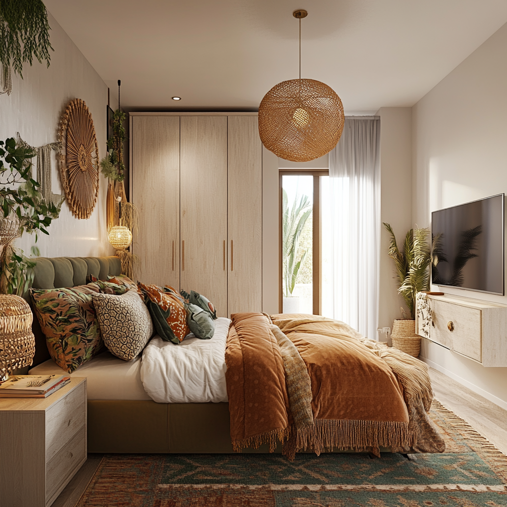 Boho chic bedroom with upholstered bedset, dresser, commode.