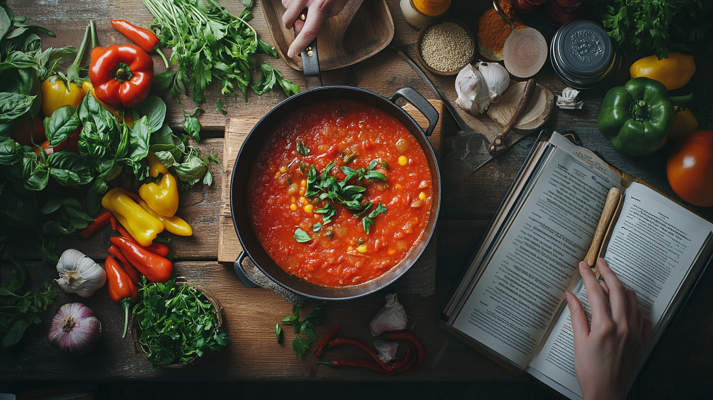 Boiling chili soup on kitchen table with recipe book