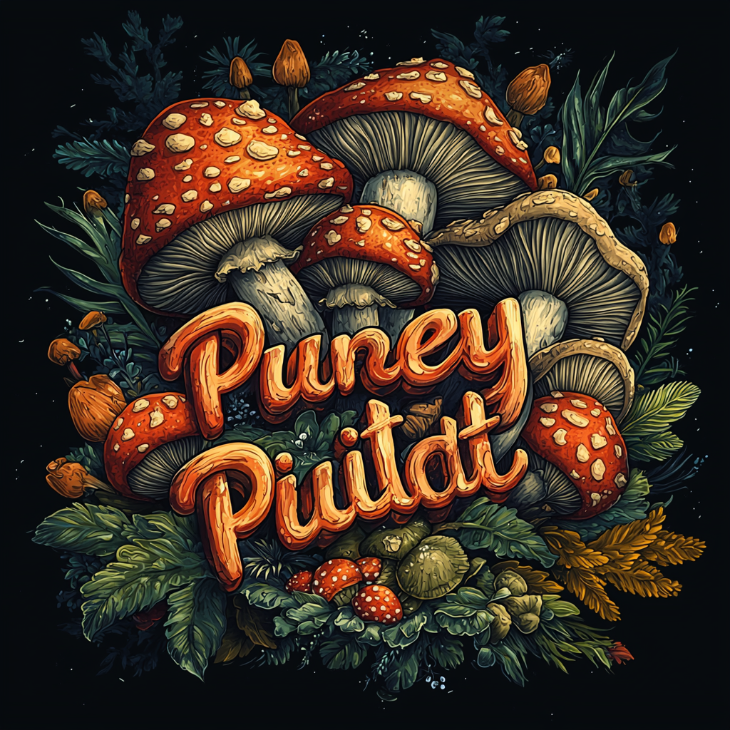 Bold, dynamic logo for 'PurePartyProducts' with artistic mushroom designs.