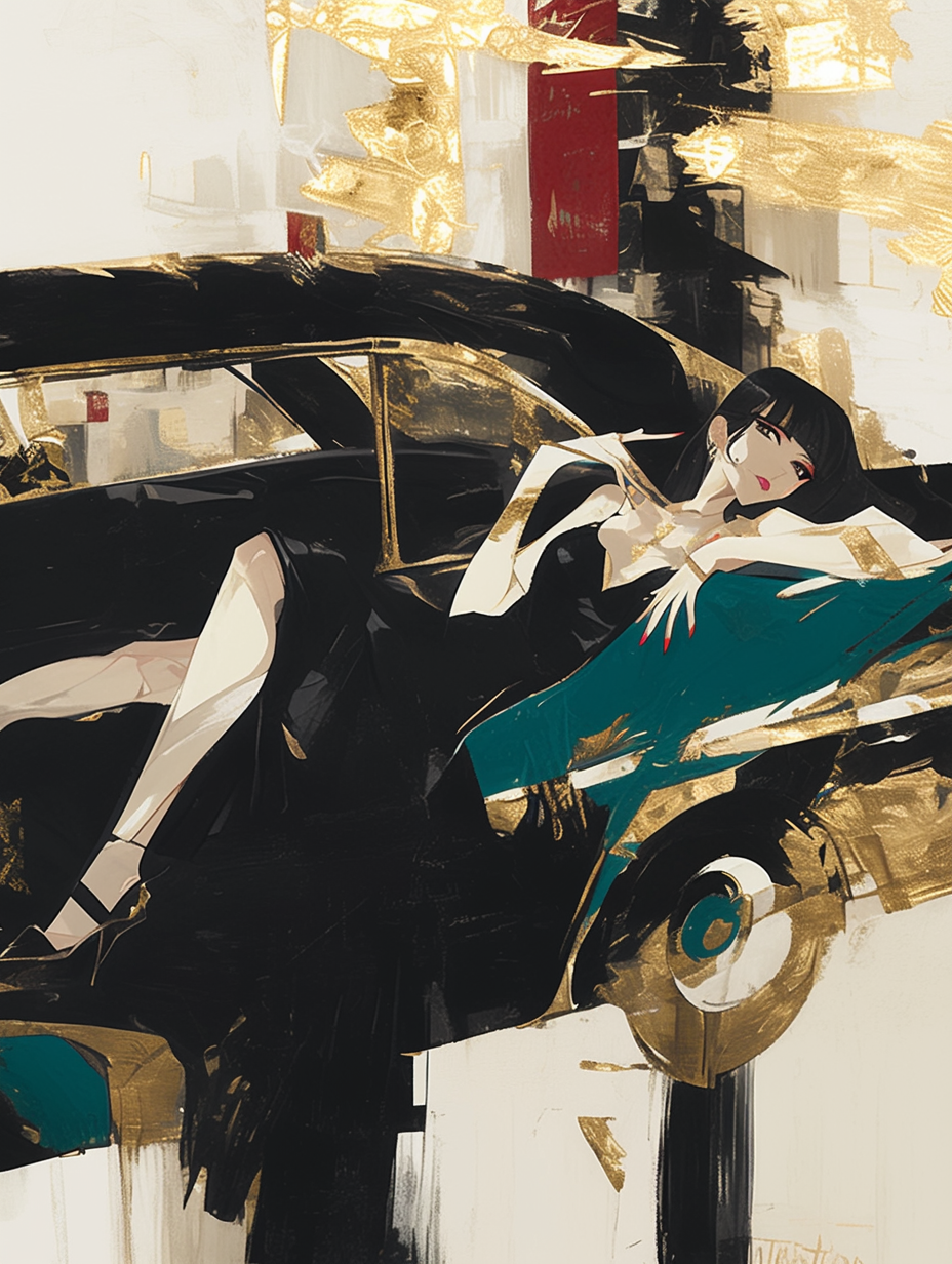 Bold, elegant Cleopatra anime in gold and white.