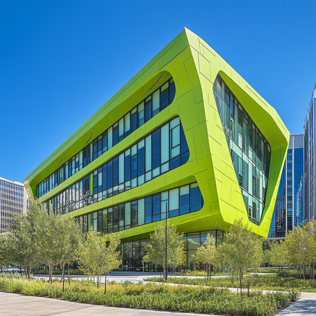 Bold, green building surrounded by peaceful courtyard and trees.