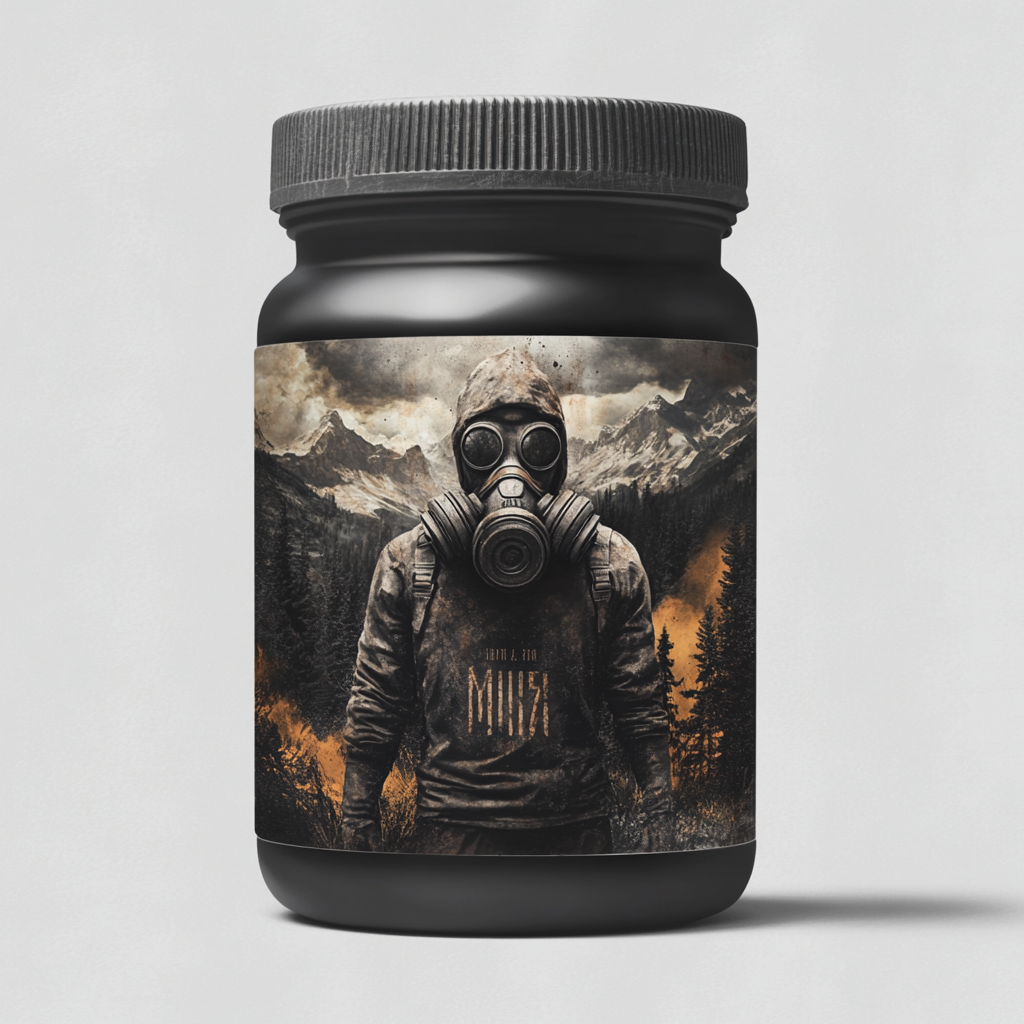 Bold, intense pre-workout label inspired by post-apocalyptic survival