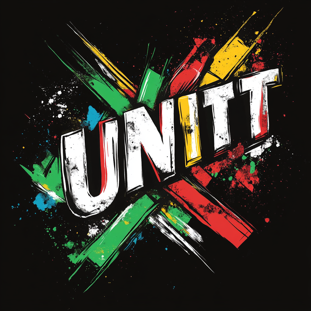 Bold, vibrant graffiti logo design with 'UNITY' in 90s style.