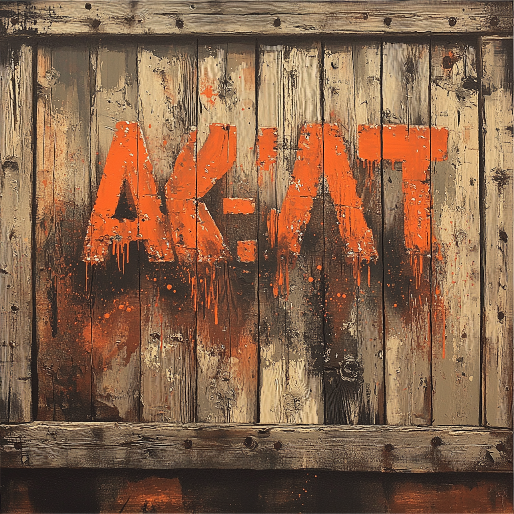 Bold 'AK-47' on weathered wooden crate with spray paint.