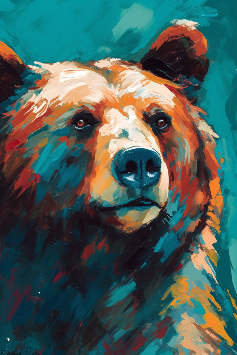 Bold Bear Portrait in Sheeler Style, Turquoise Background