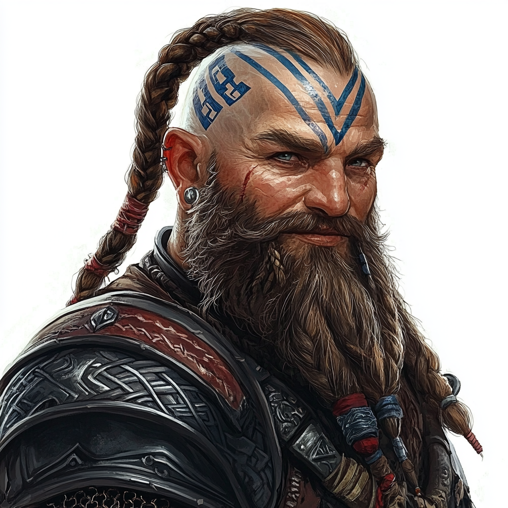 Bold Dwarf Bard with Blue Tattoos and Braided Beard