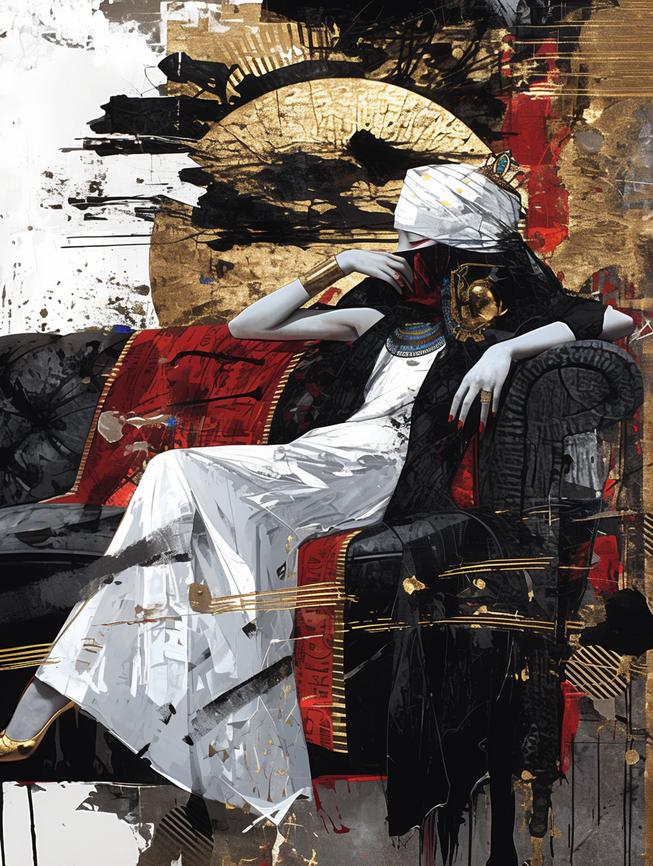 Bold Egyptian queen & car in abstract painting. Gold accents.