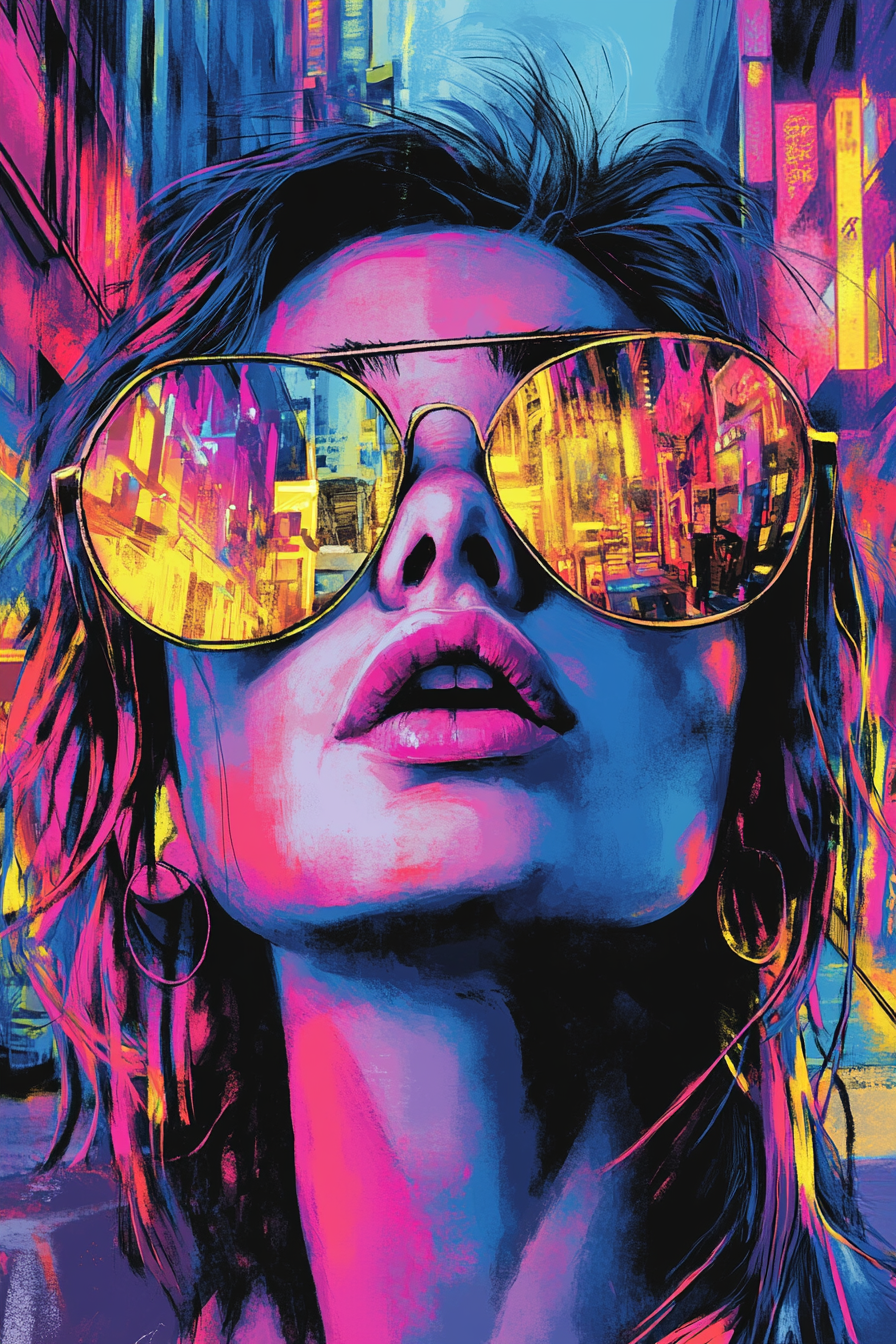 Bold Woman in Sunglasses Reflecting Neon Urban Chaos