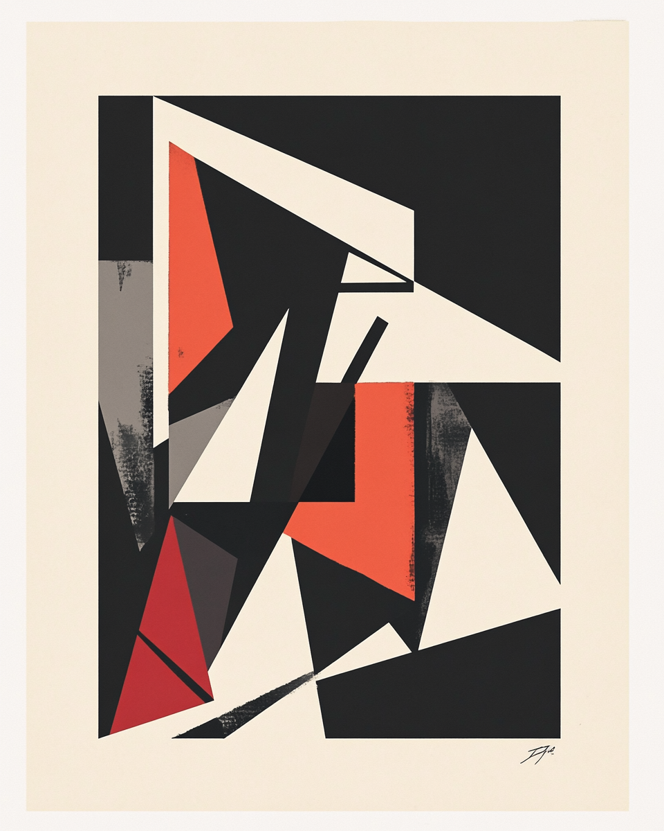 Bold abstract shapes in muted colors.