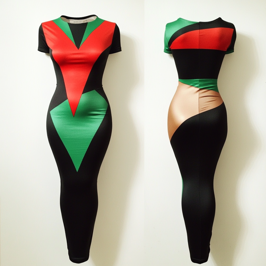 Bold bodycon dress with flag design: red, green, black.