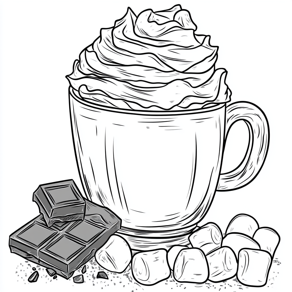 Bold outline hot chocolate coloring page with toppings