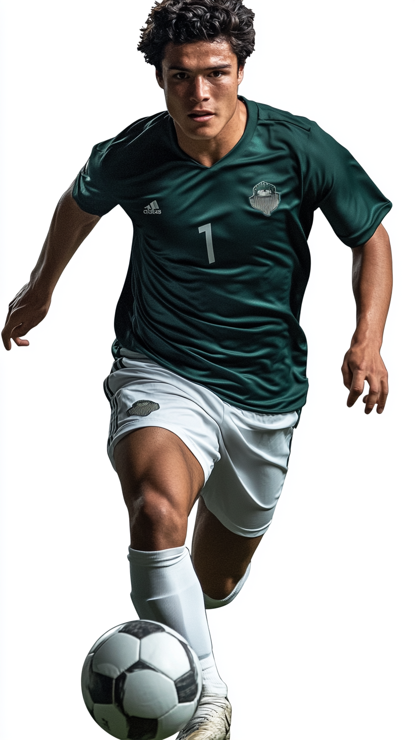 Bolivian soccer player in green shirt, white shorts, side view