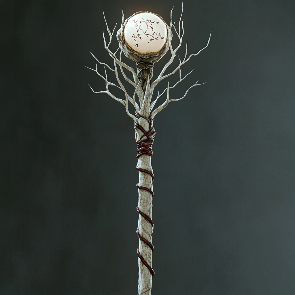 Bone staff with maroon lines, glowing orb, strange inscriptions.