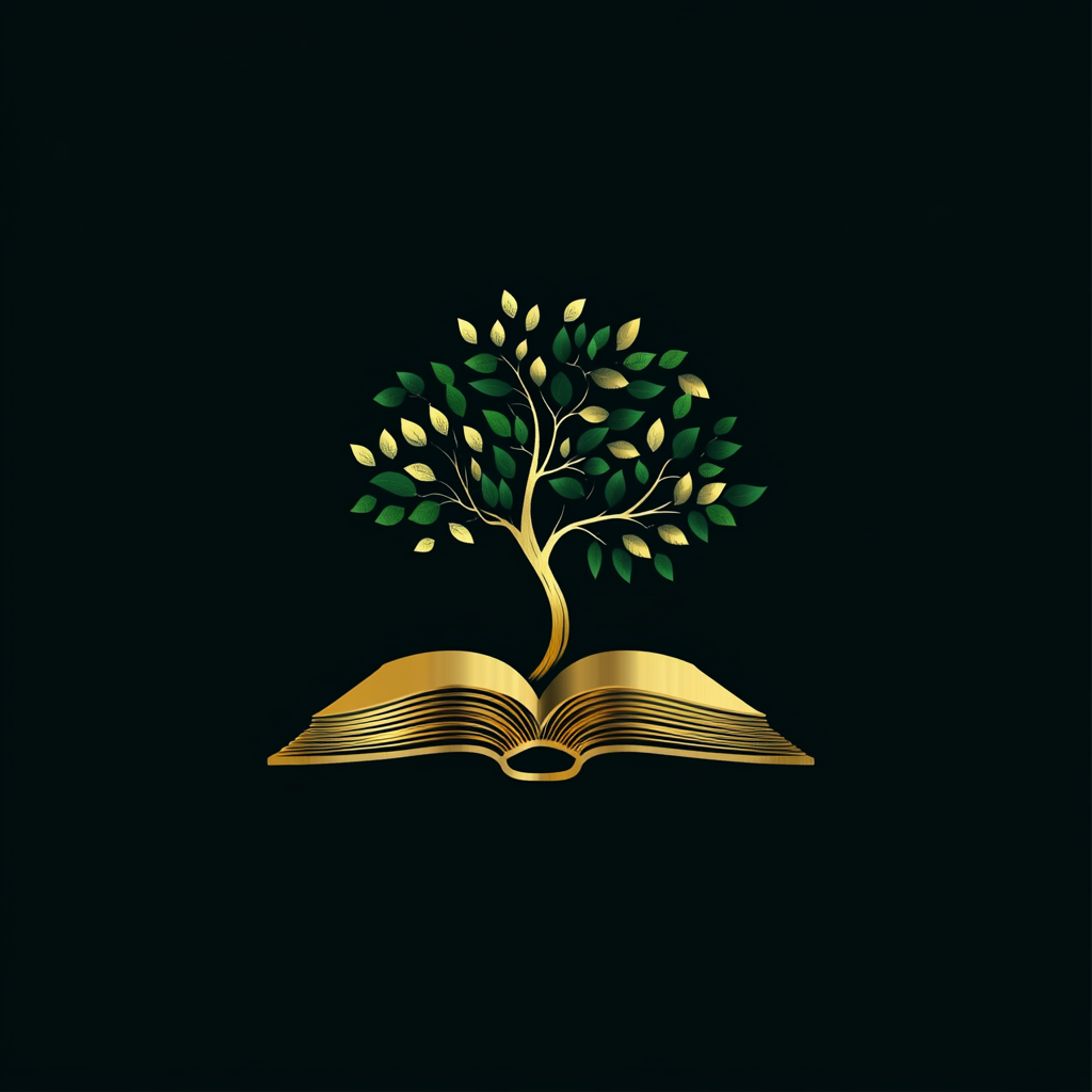 Book logo design: gold semi-closed book, metallic green tree.