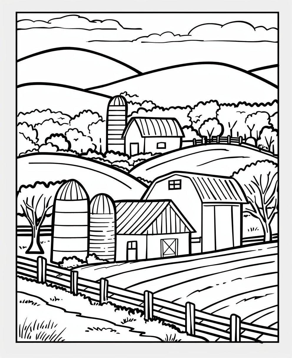 Book page: Black and white farm illustration.