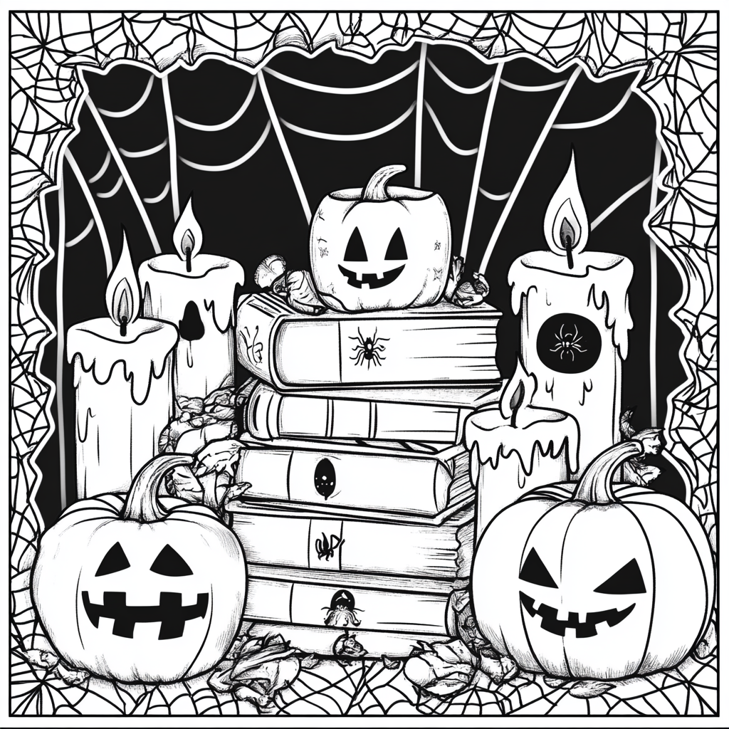 Books, candles, mugs with Halloween symbols, spider webs border