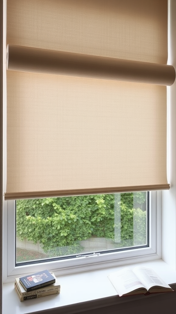 Books on Windowsill with Roller Blinds viewed from top