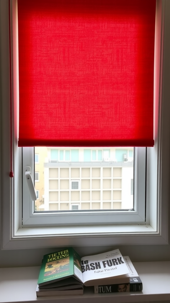 Books on windowsill under roller blinds with fabric.