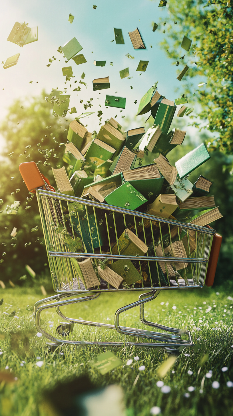 Books tumbling down hill, cart overflowing with green.