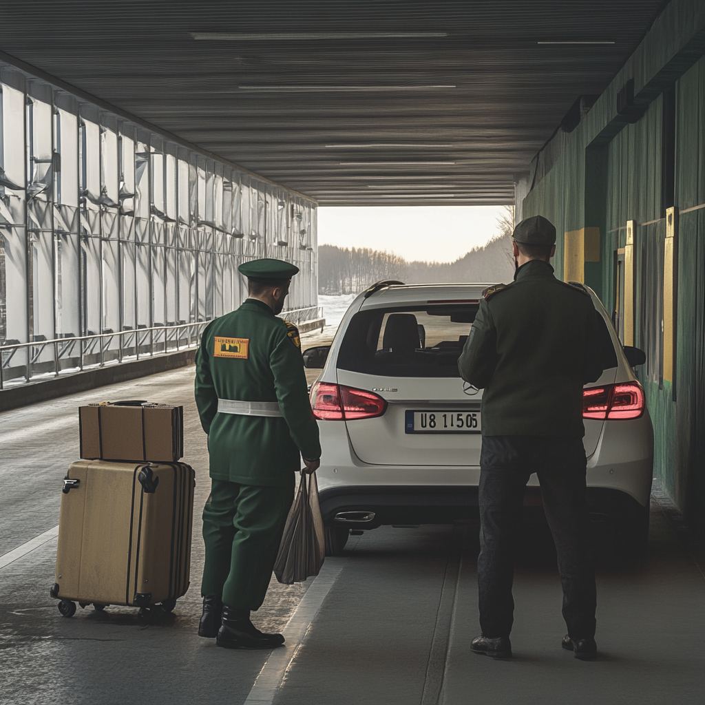 Border control scene: Ukraine-Romania checkpoint, car inspection, travel prep.