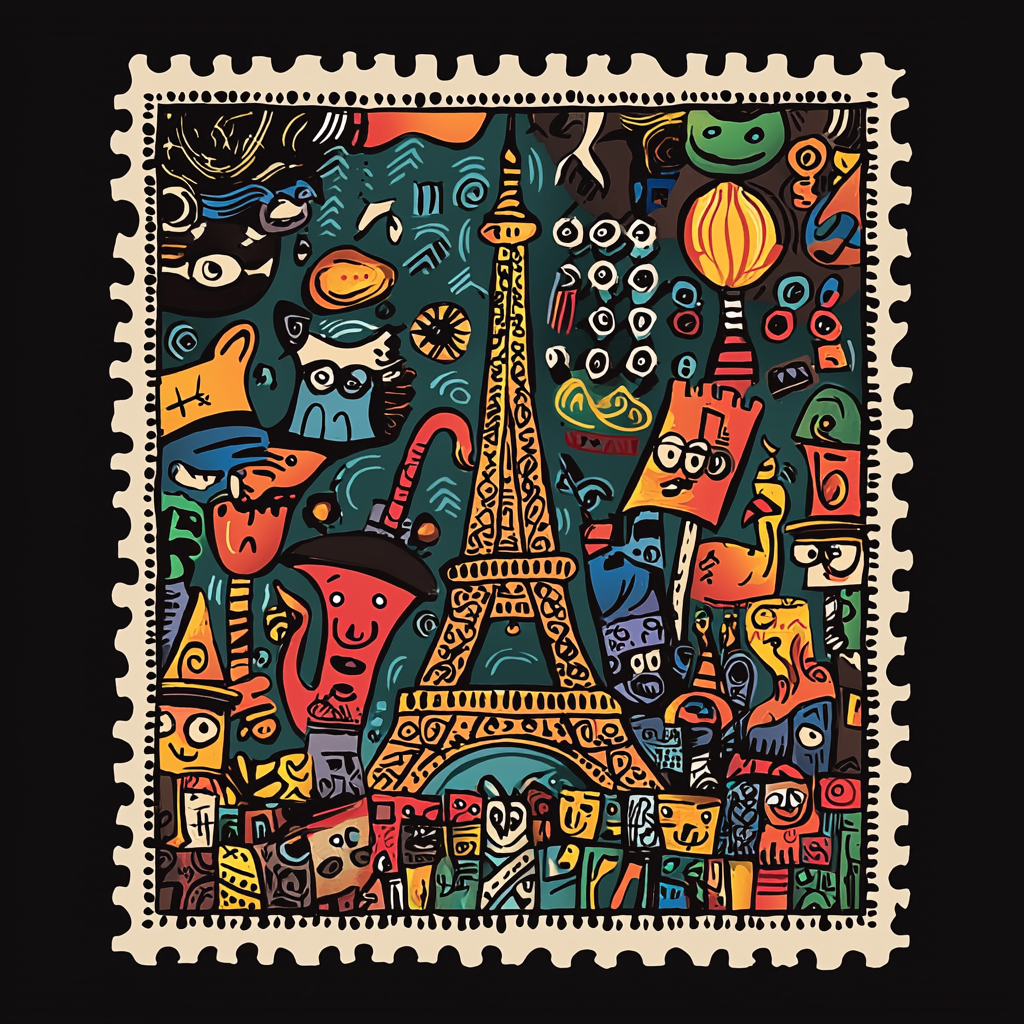 Border design stamp with whimsical French protest at Eifeltower.