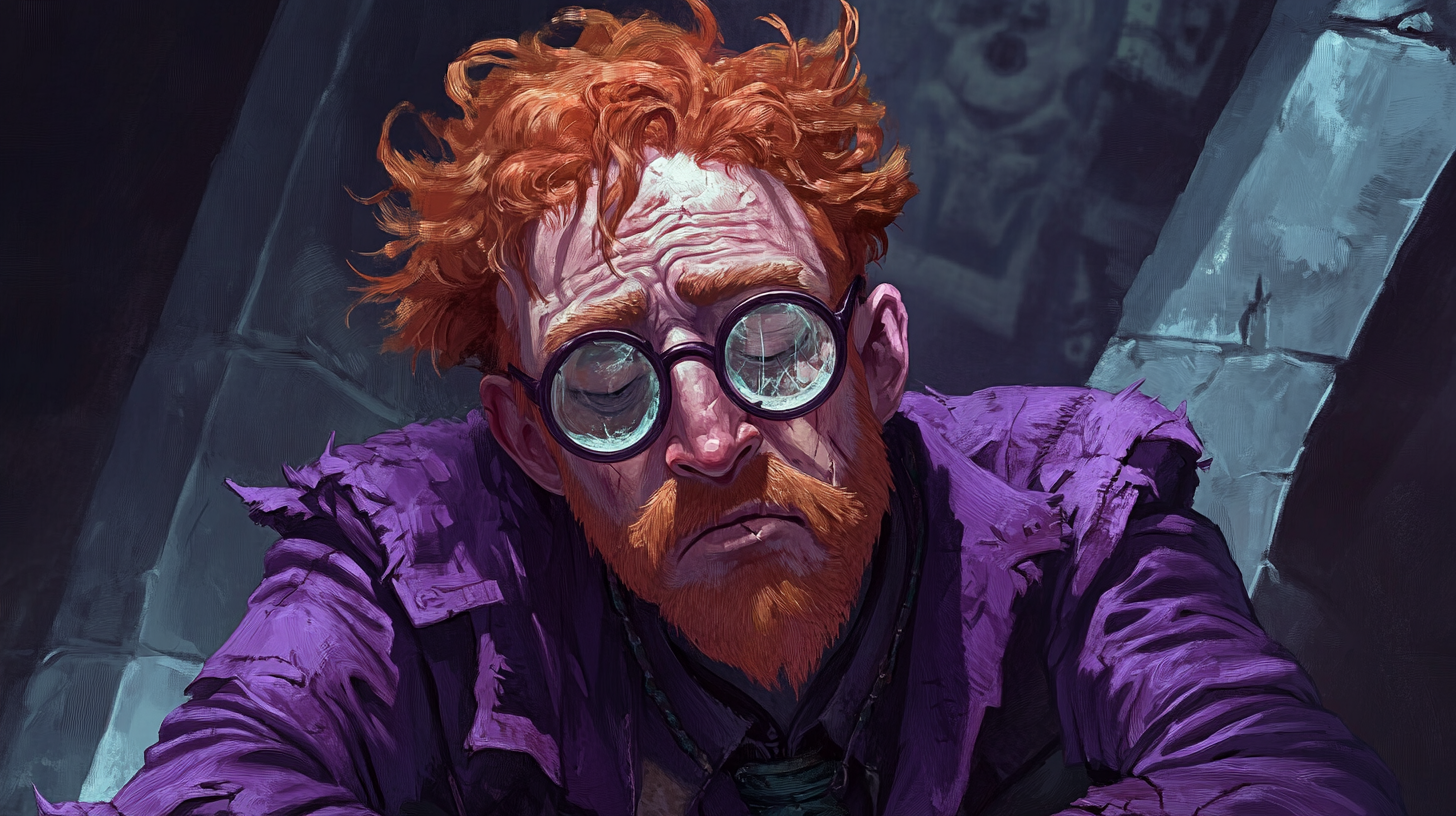 Bored ginger accountant in tattered purple clothing.