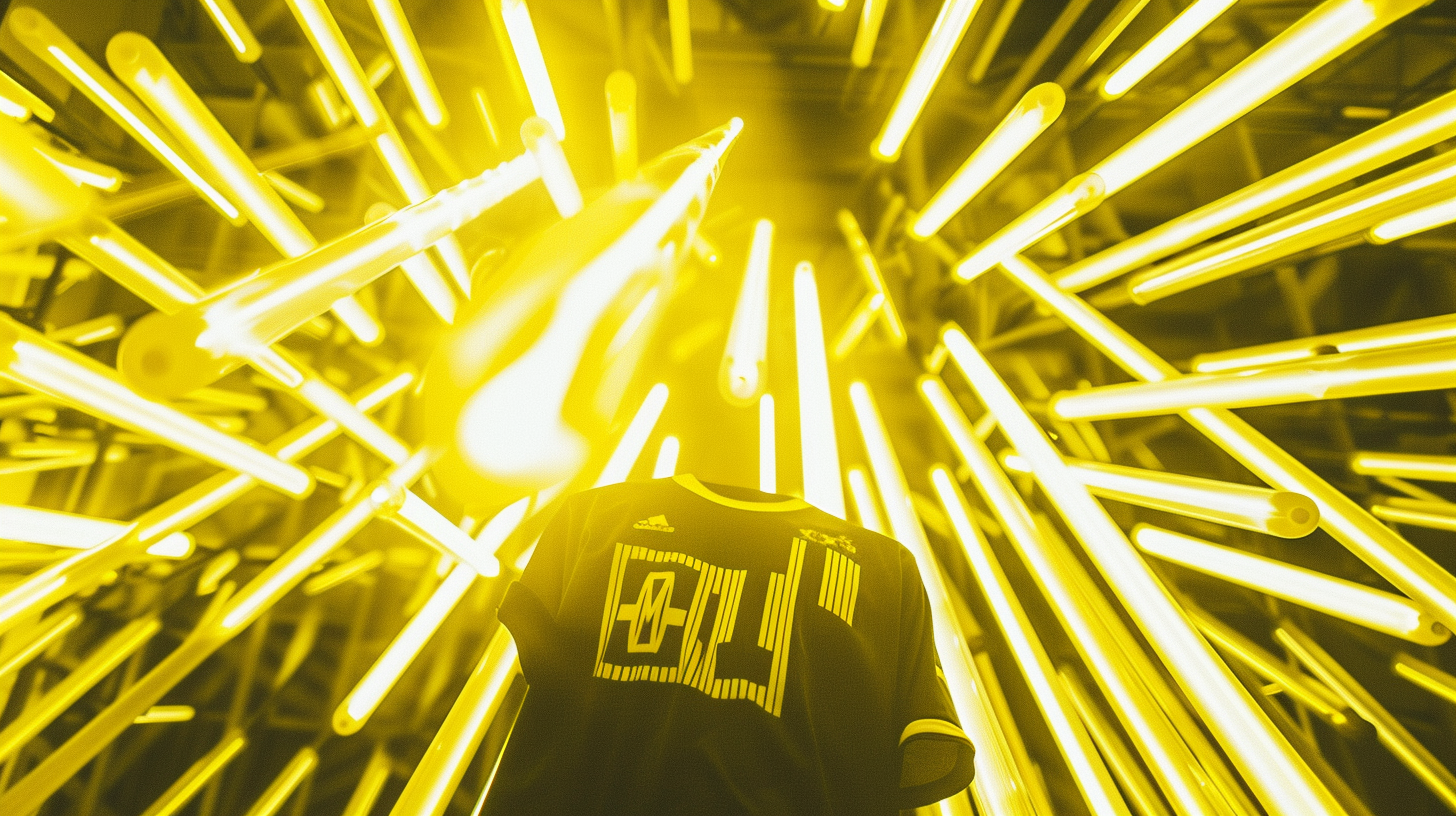 Borussia Dortmund soccer jersey surrounded by yellow fluorescent tubes