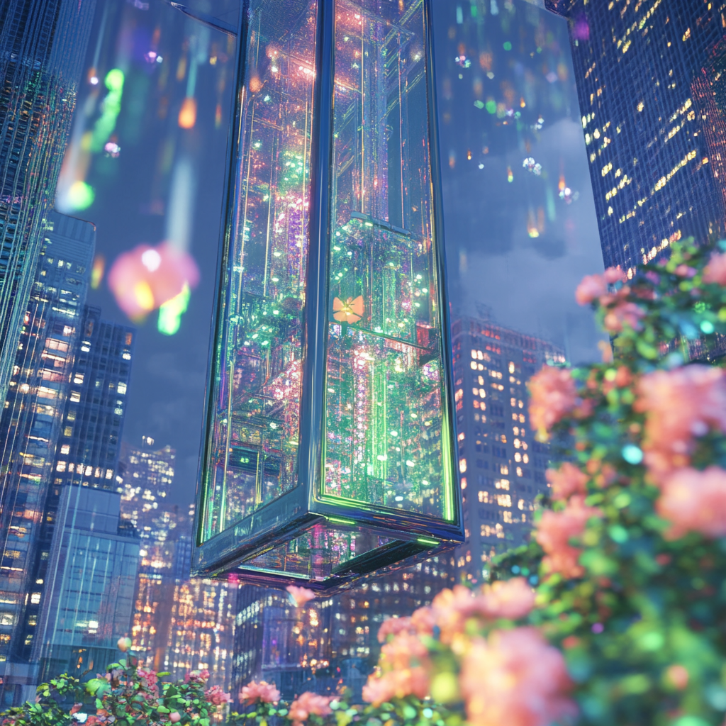 Boston's futuristic cityscape: captivating, creative, realistic, with lights