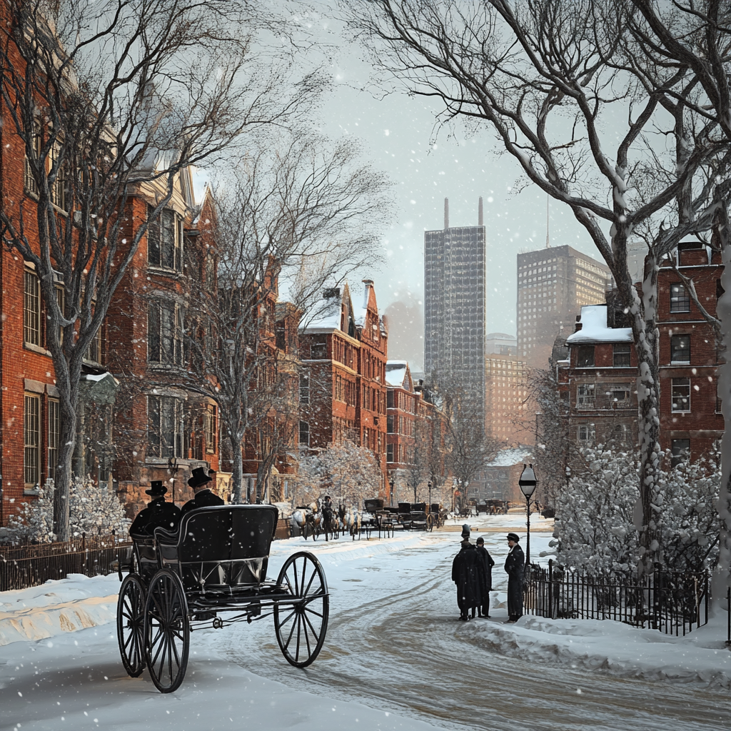 Boston in 1900s: realistic, old city, winter flowers.