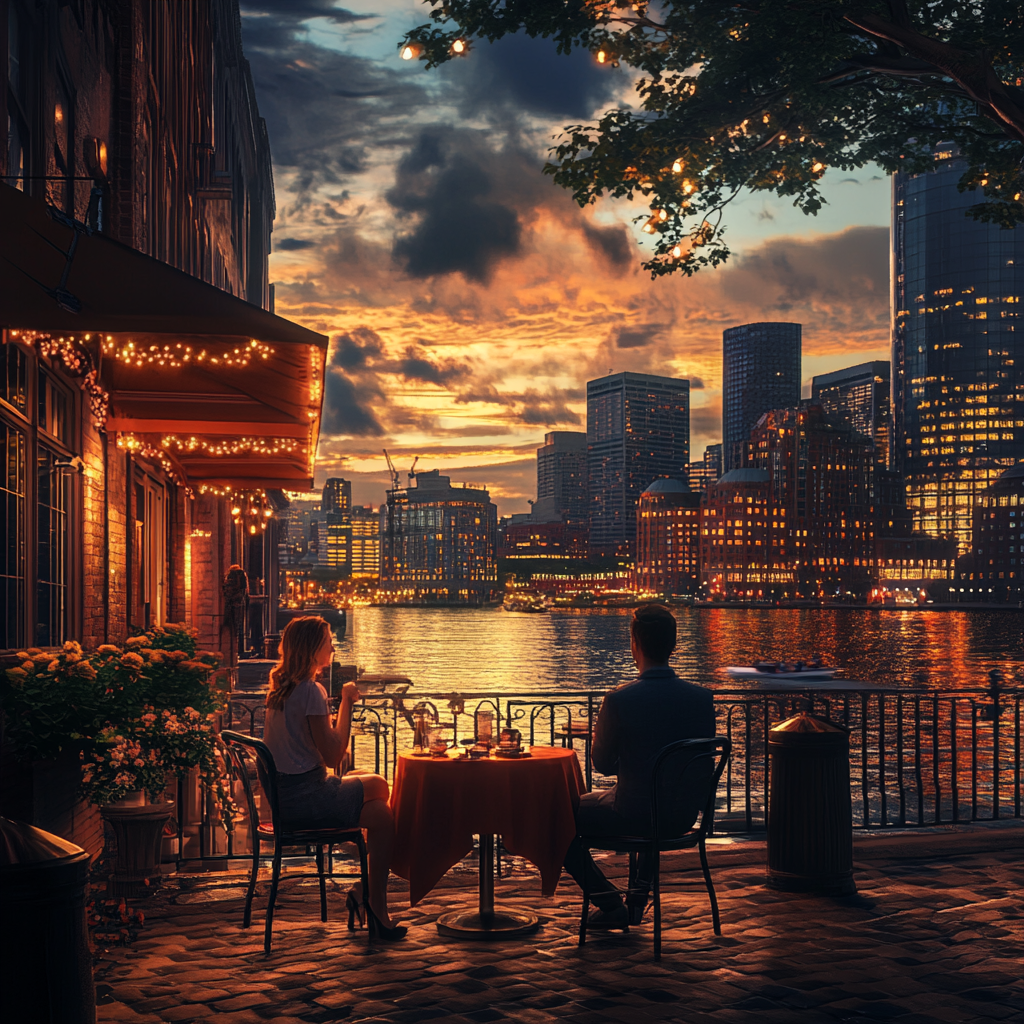 Boston in 2024 looks fascinating with realistic city view, incredible coffee house render, and beautiful people sitting in cafe.