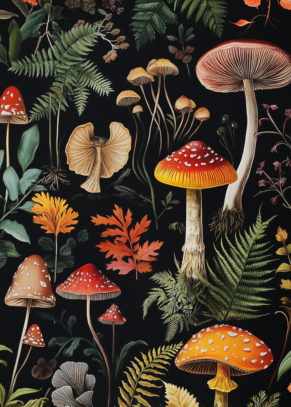 Botanical forest print with vibrant colors and detailed illustrations