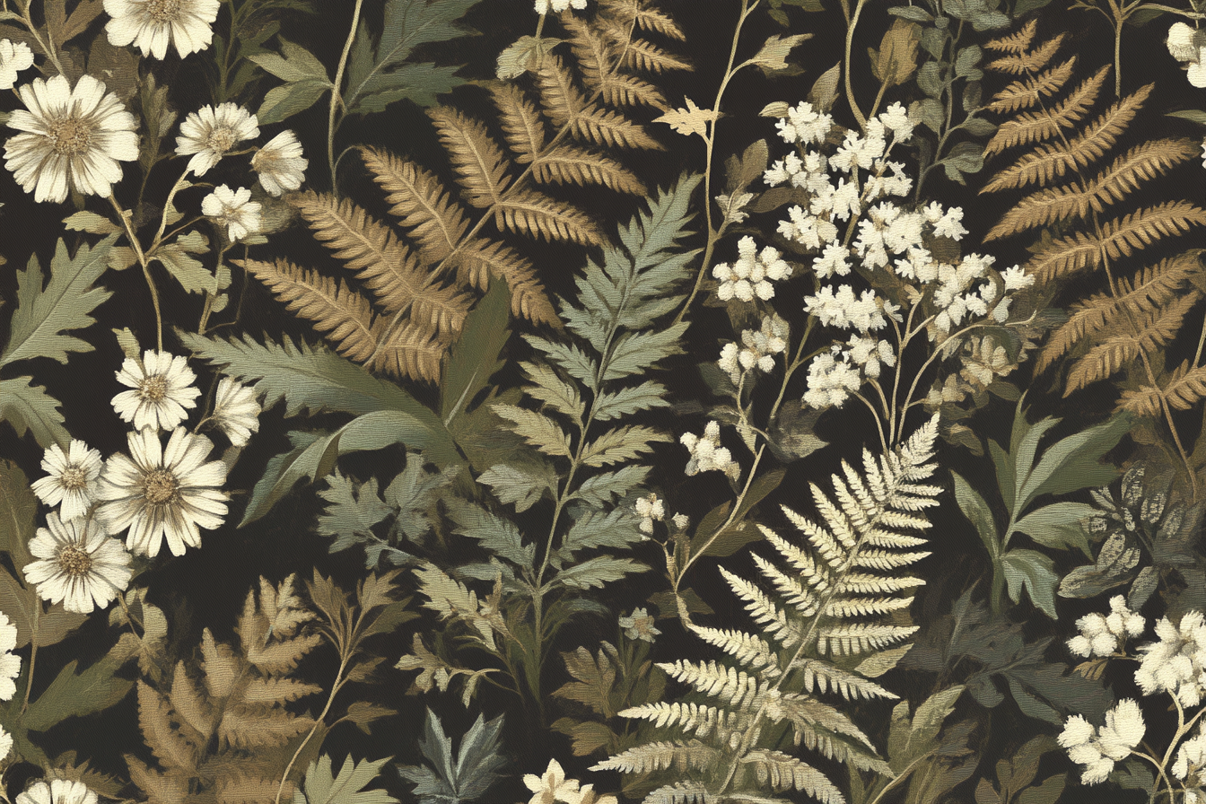 Botanical wallpaper with ferns, leaves, delicate flowers. Rich, elegant.