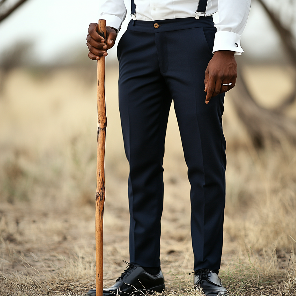 Botswana groom in navy trousers and black shoes.