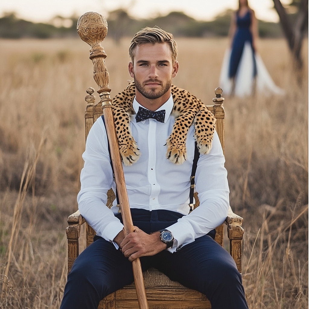 Botswana groom sits on royal chair, holding staff.