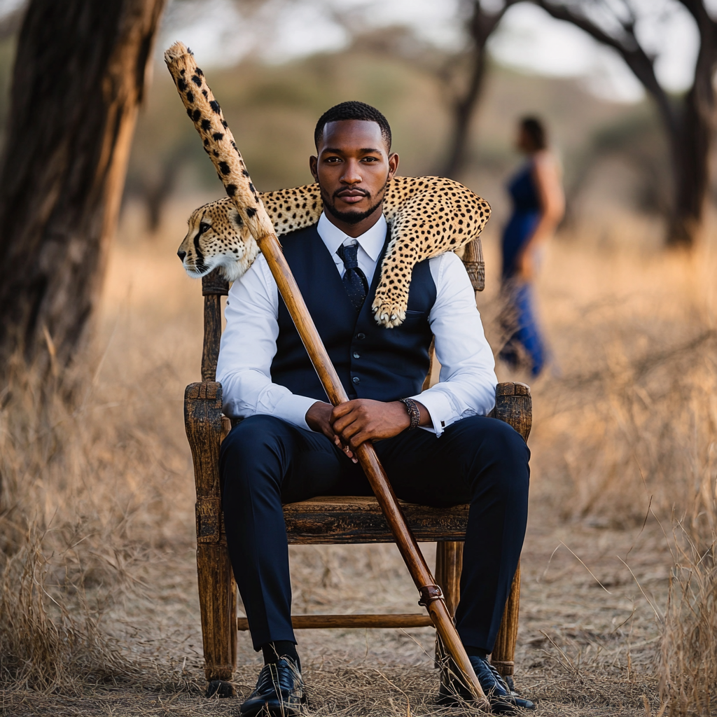 Botswana wedding groom holds wooden staff, sits royal chair.