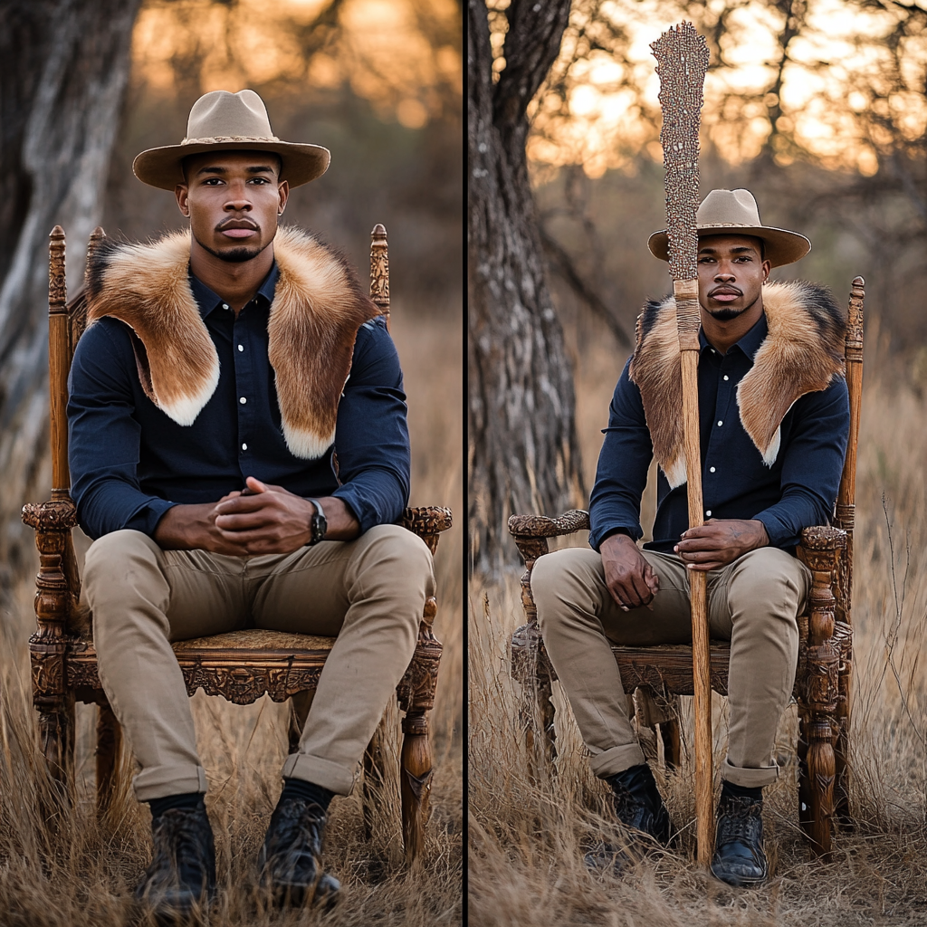 Botswana wedding groom in traditional attire, regal photoshoot.