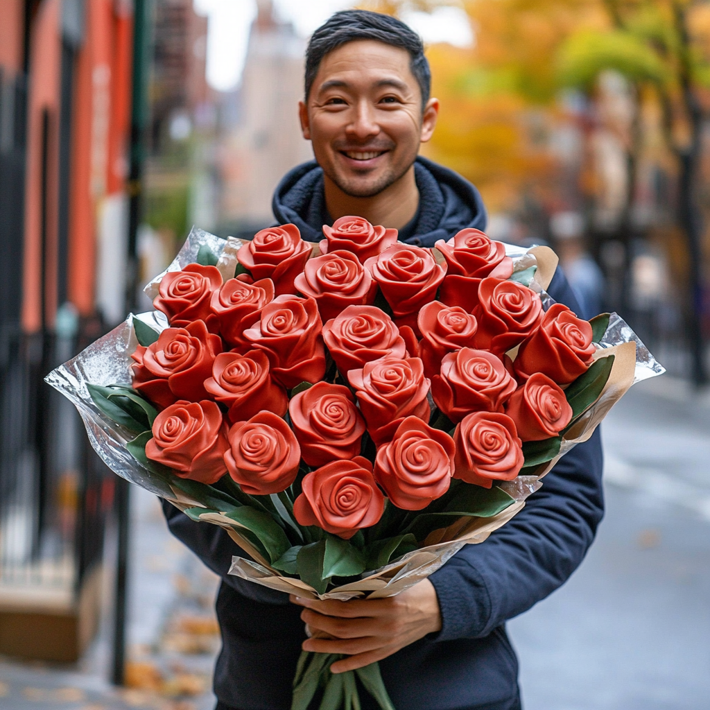 Bouquet of milk chocolate roses for girlfriend, Japanese man smiling.