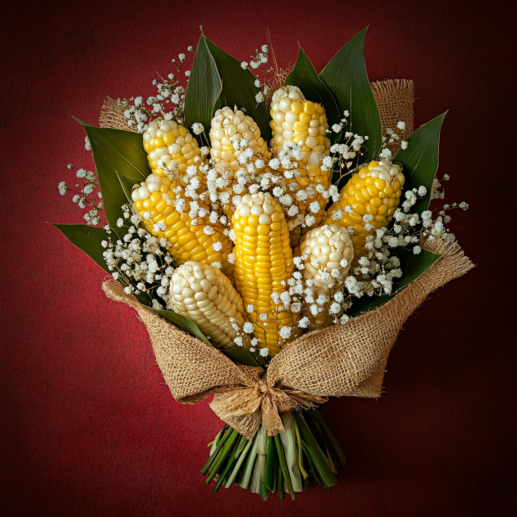 Bouquet of yellow and white corn on red background.