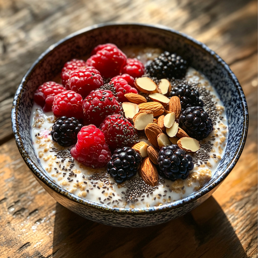 Bowl of colorful overnight oats with fresh berries.