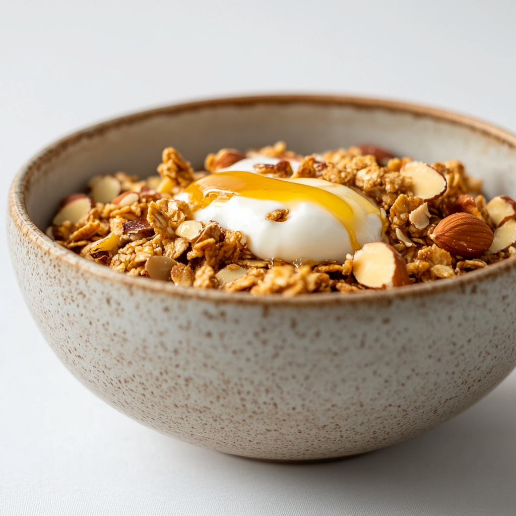 Bowl of golden granola with vanilla yoghurt, honey drizzle.