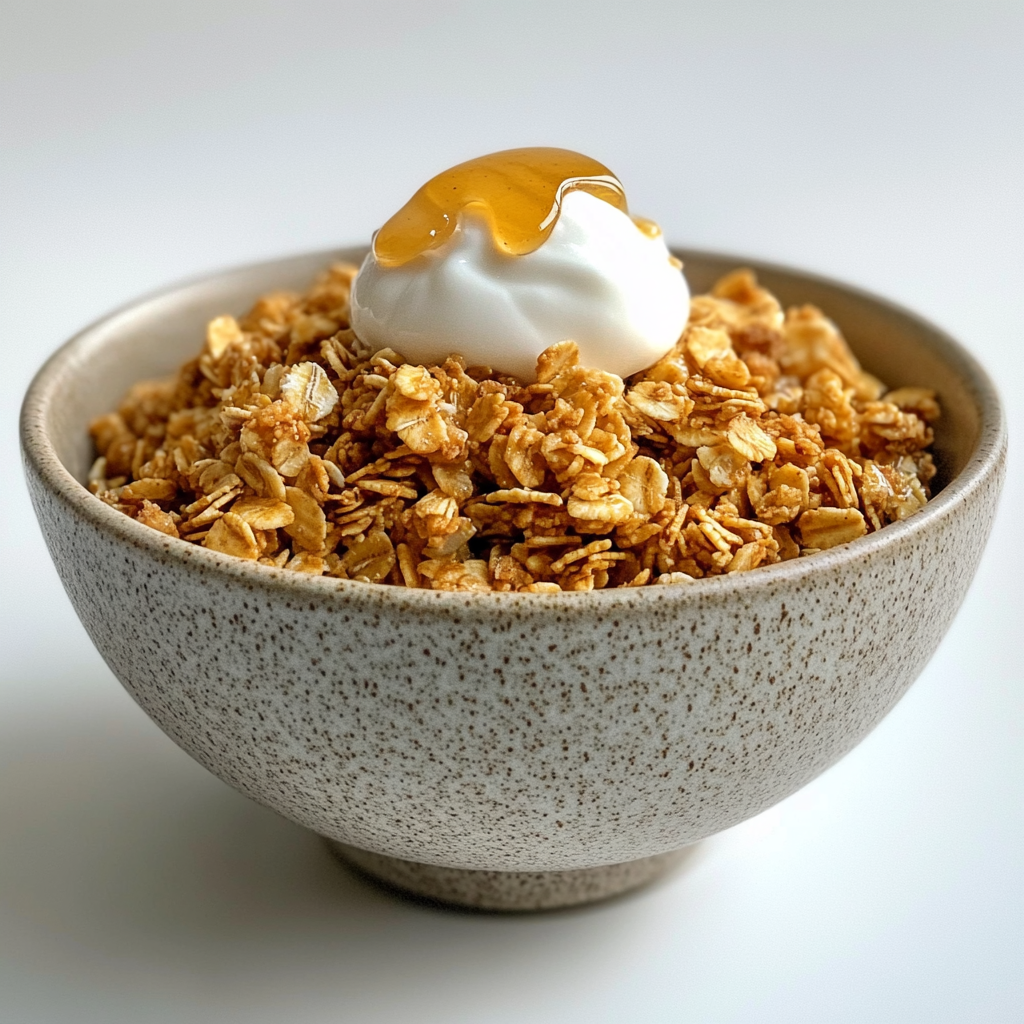 Bowl of golden granola with yogurt and honey on top.