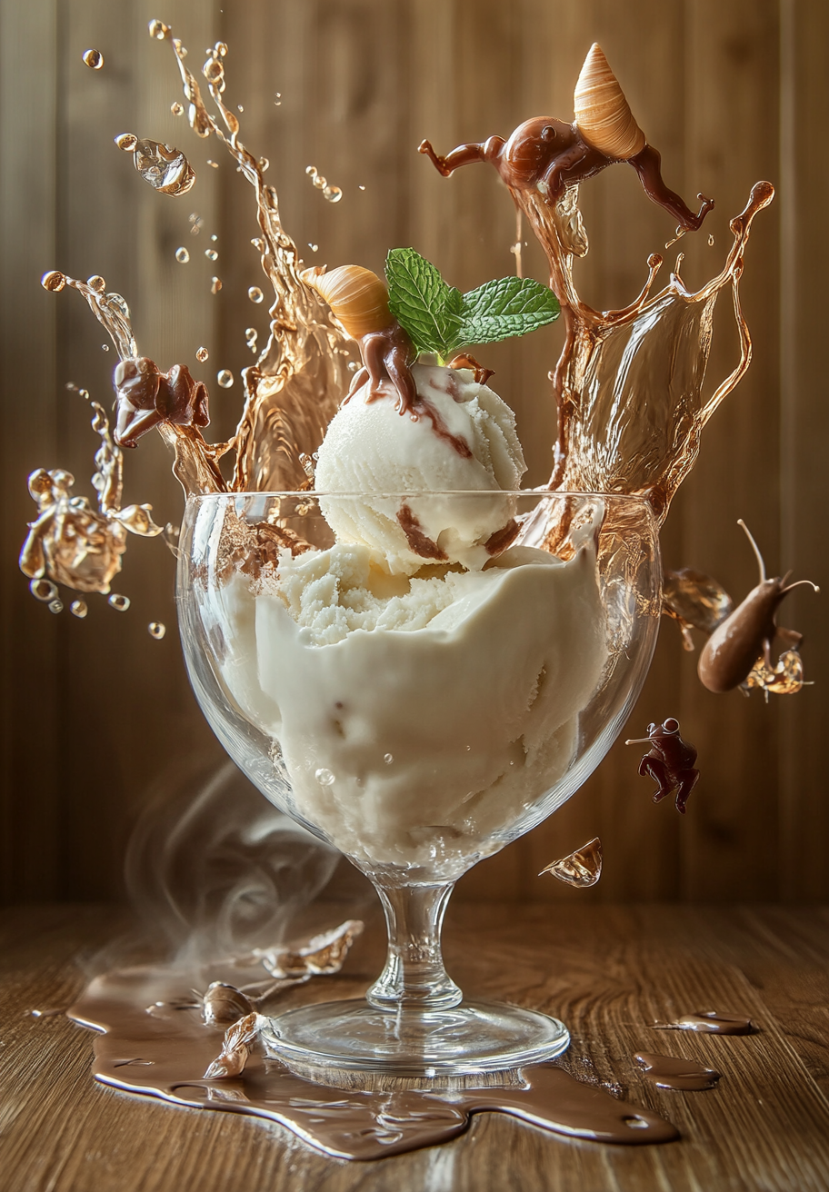 Bowl of vanilla ice cream collides with animals.