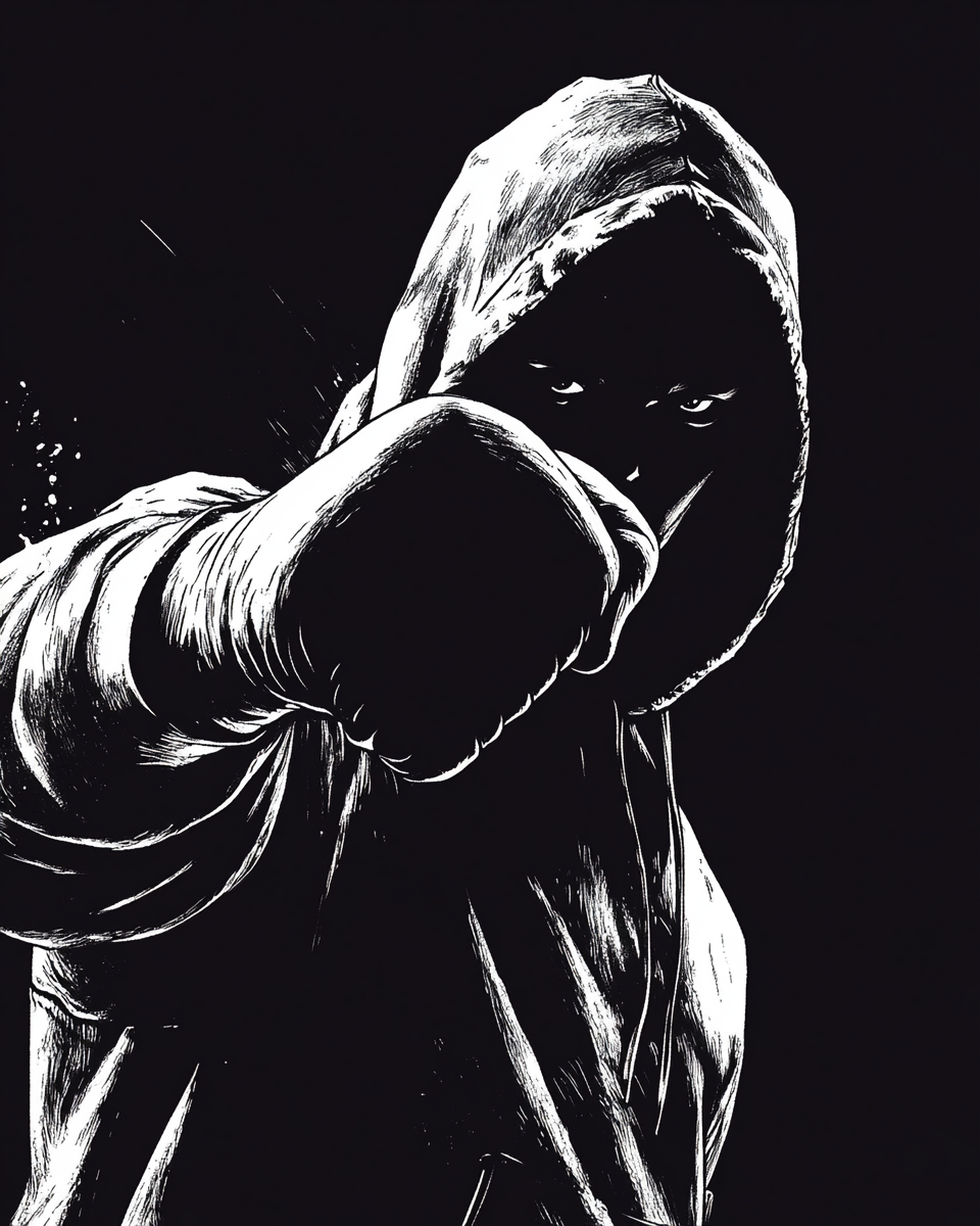 Boxer in black hoody throwing punch in shadows.