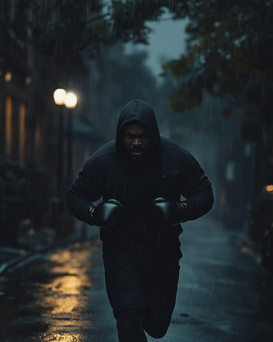 Boxer in hooded sweatshirt throwing punches on dark street.