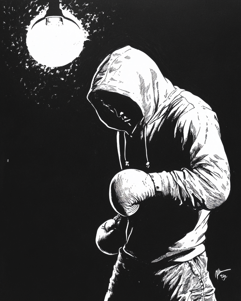 Boxer throwing a punch at night under streetlight glow.