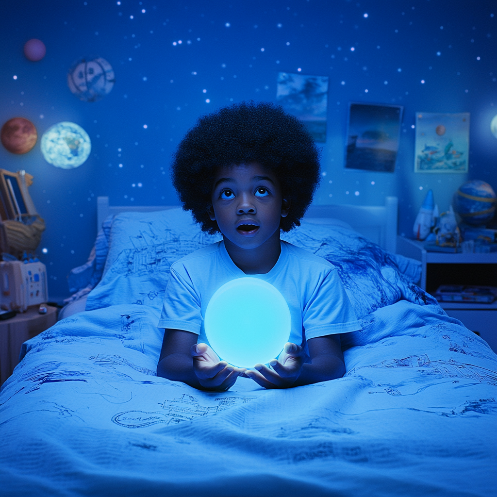 Boy's Cosmic Wonder: The Glowing Blue Orb